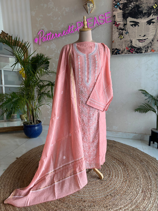 Coral Chanderi Mul Chikankari Kurta and Dupatta