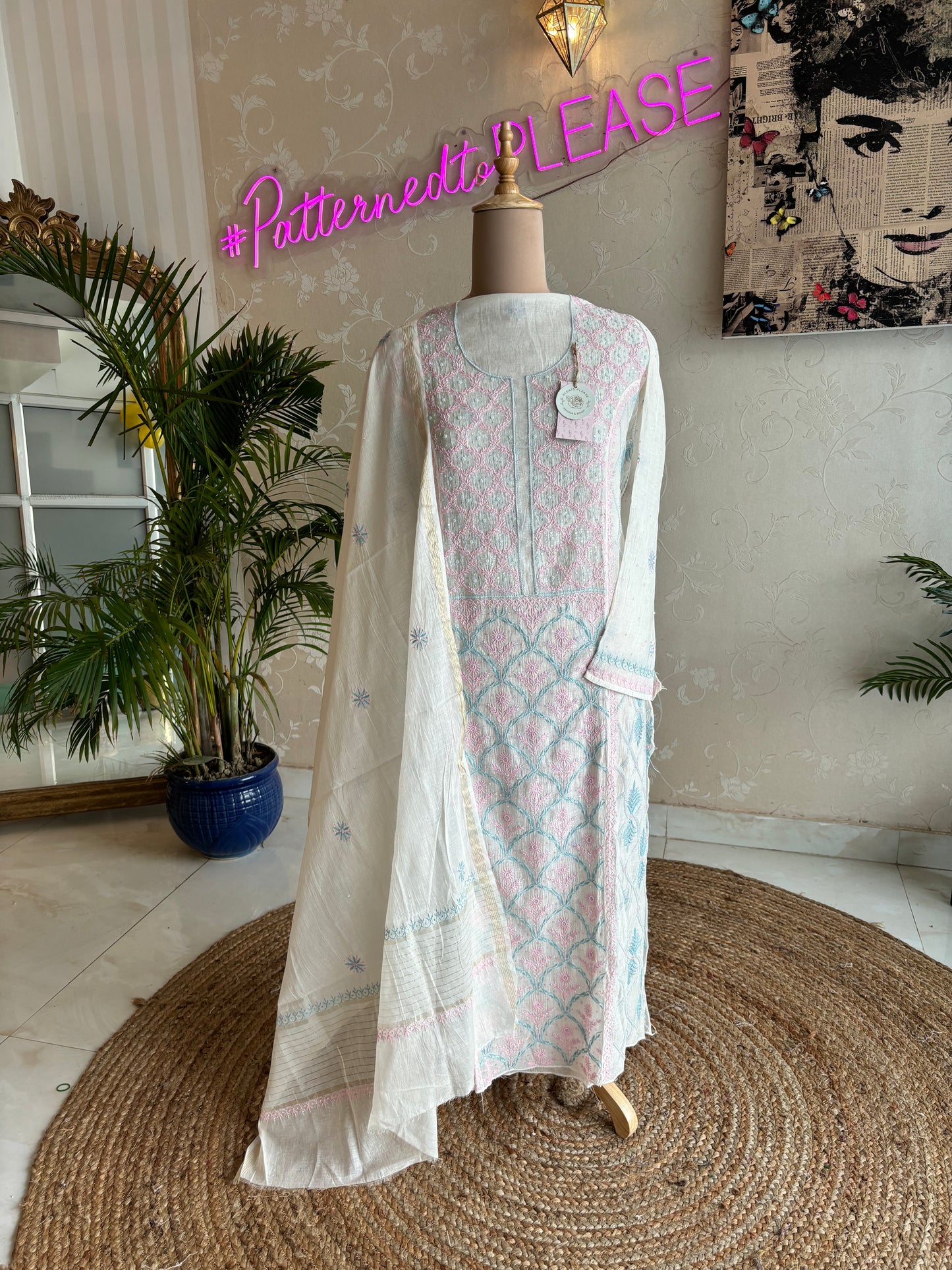 Dyeable Chanderi Mul Chikankari Kurta and Dupatta