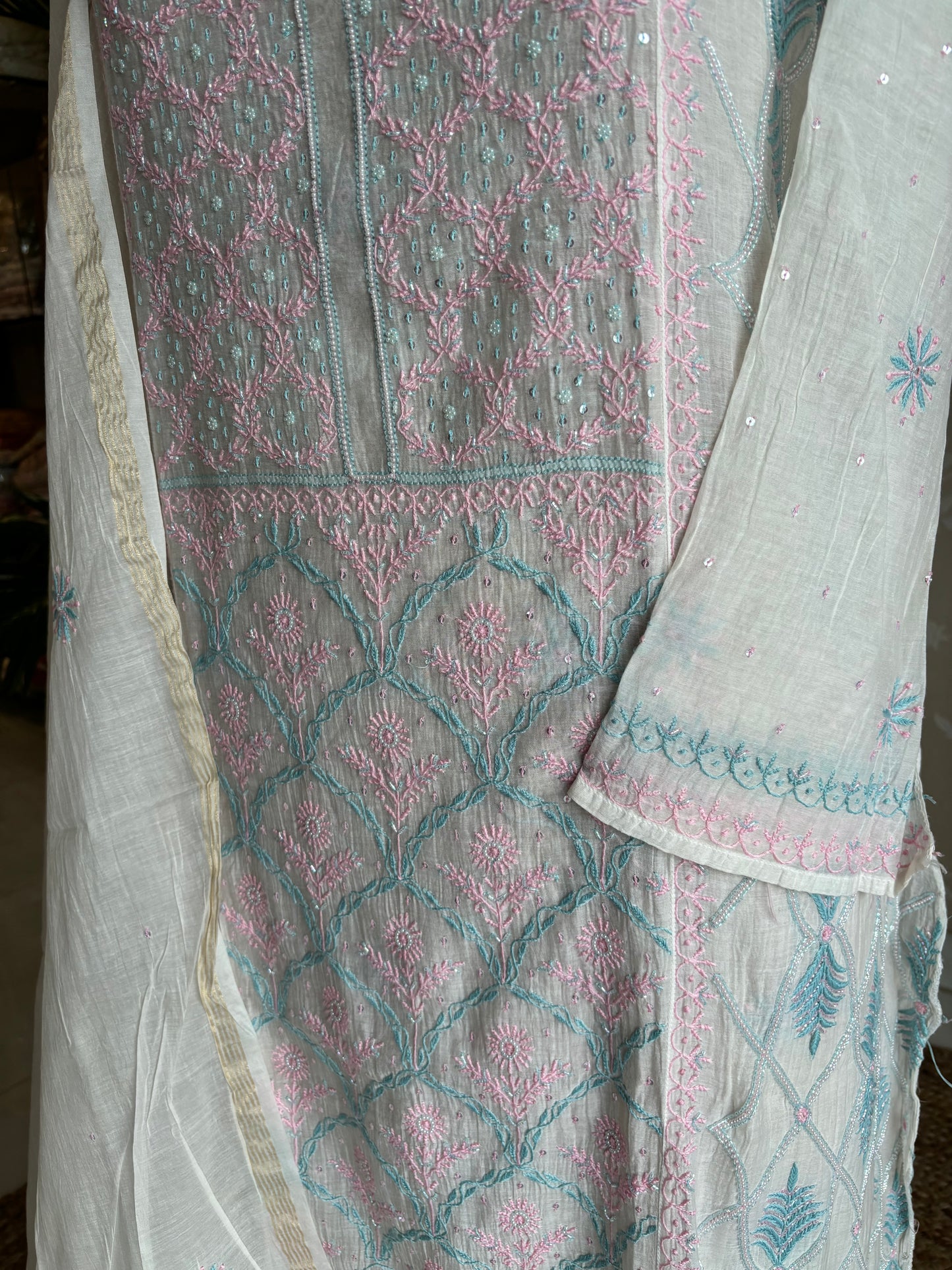 Dyeable Chanderi Mul Chikankari Kurta and Dupatta