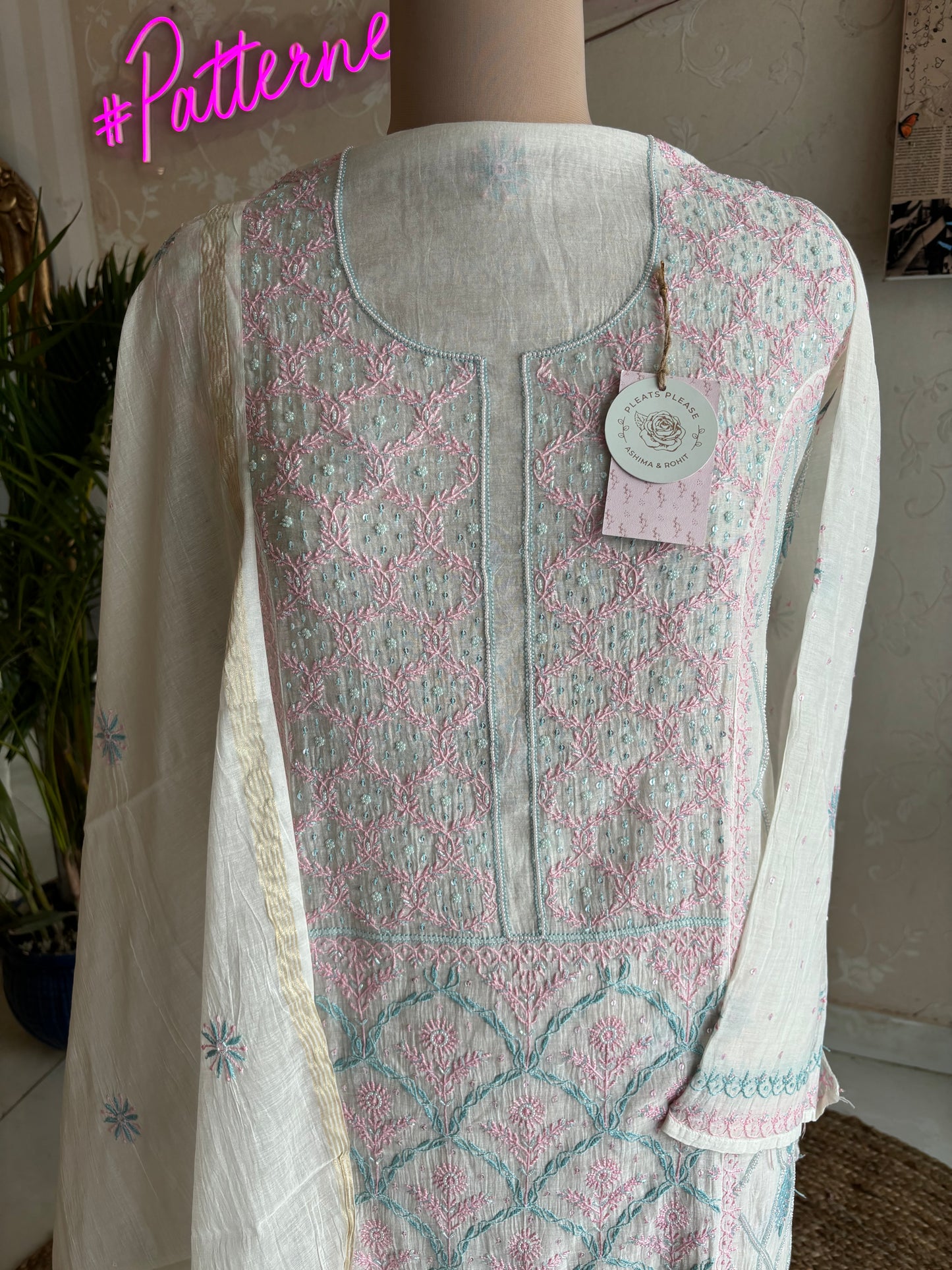 Dyeable Chanderi Mul Chikankari Kurta and Dupatta