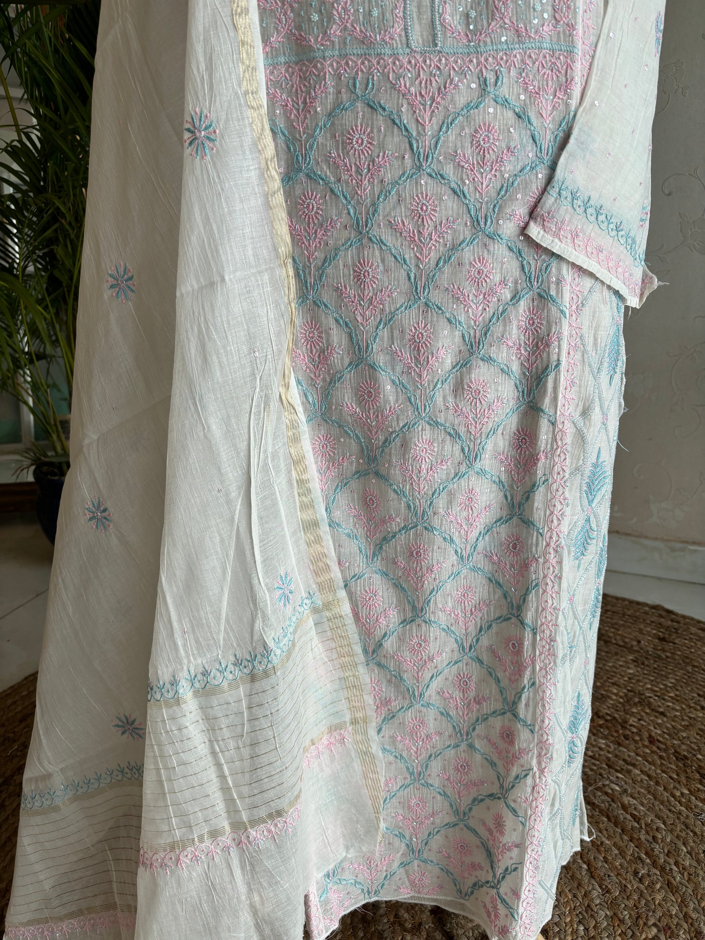 Dyeable Chanderi Mul Chikankari Kurta and Dupatta