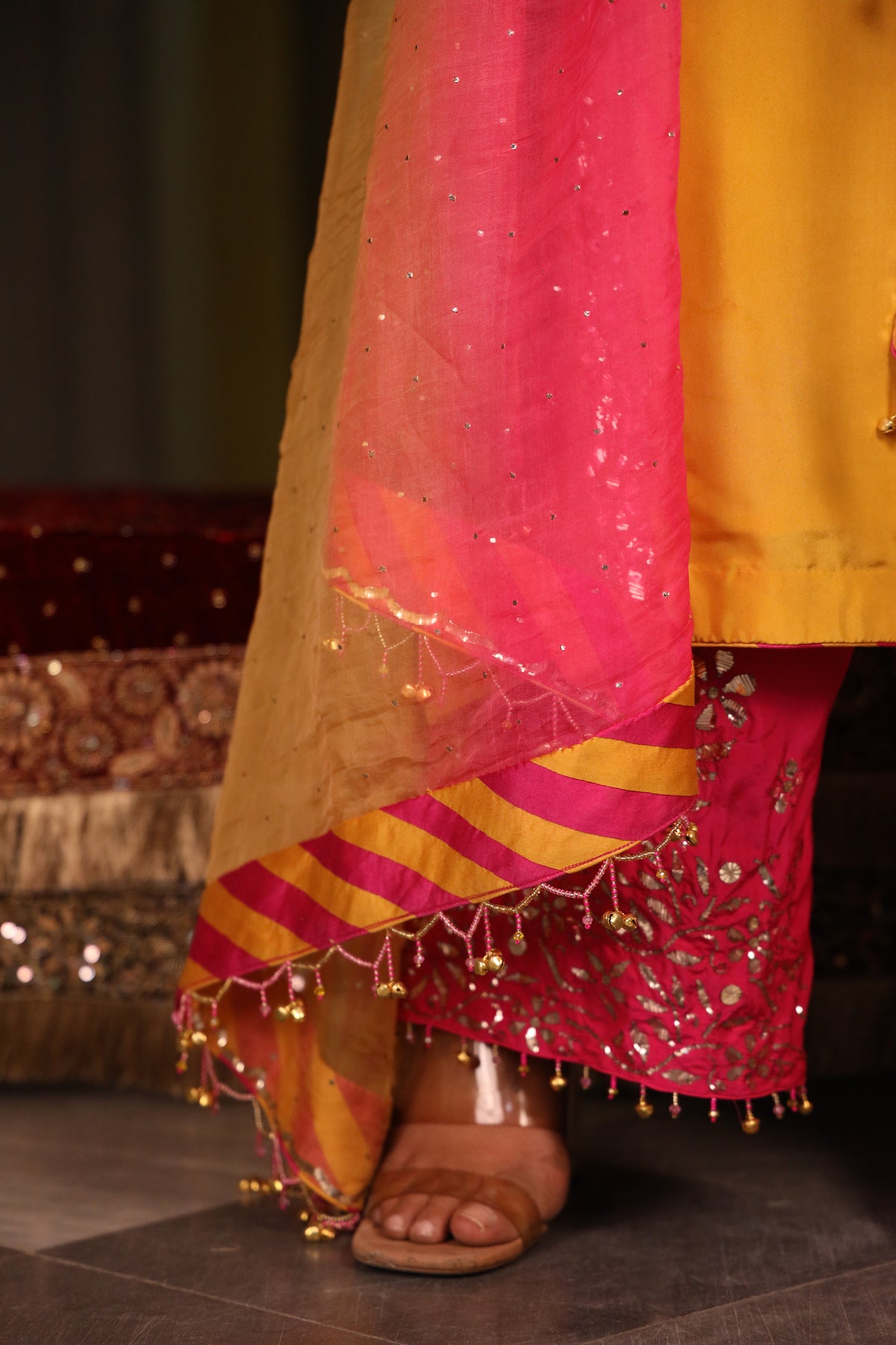 Mustard Pure Silk Mukaish Set With Organza Dupatta