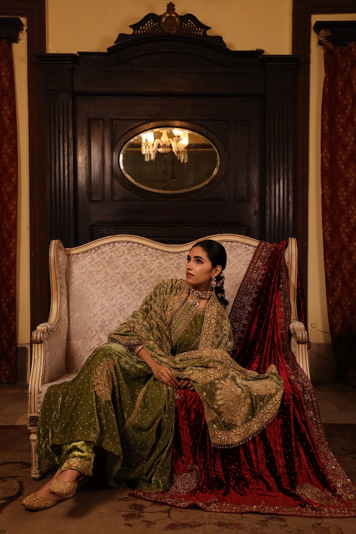 Green Pure Velvet Chikankari Shawl