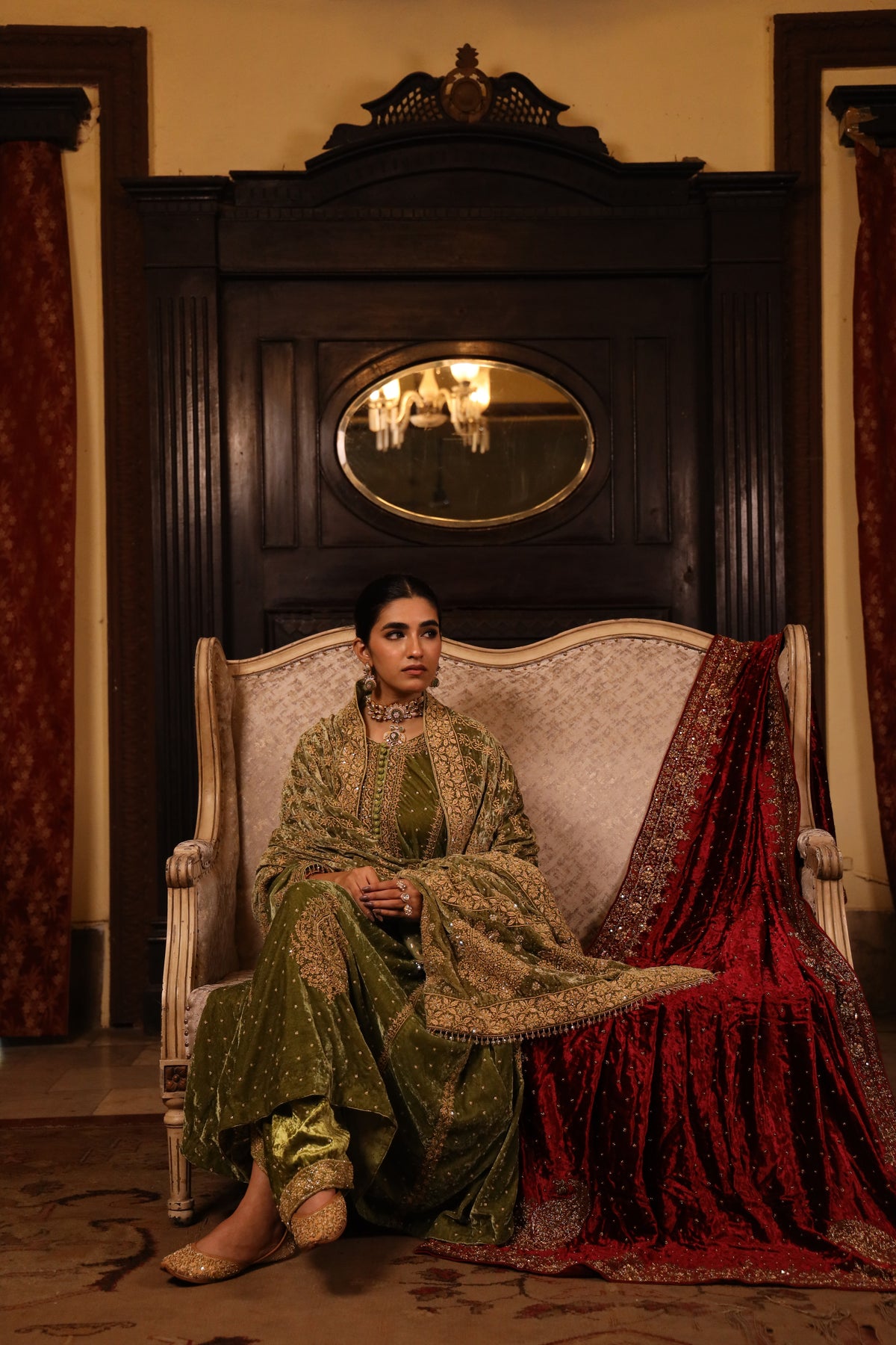 Green Pure Velvet Chikankari Shawl