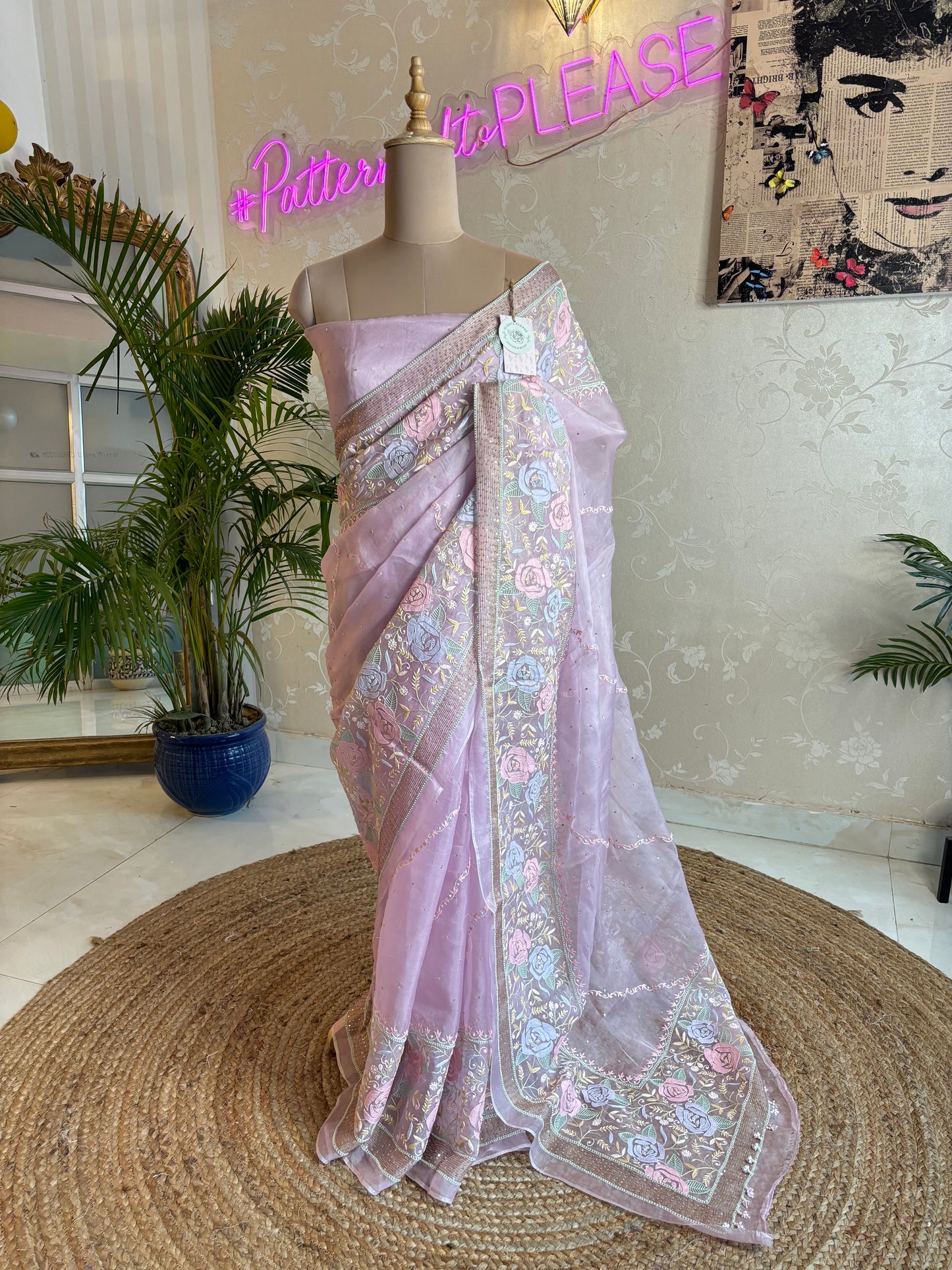 Lilac Organza Chikankari Saree