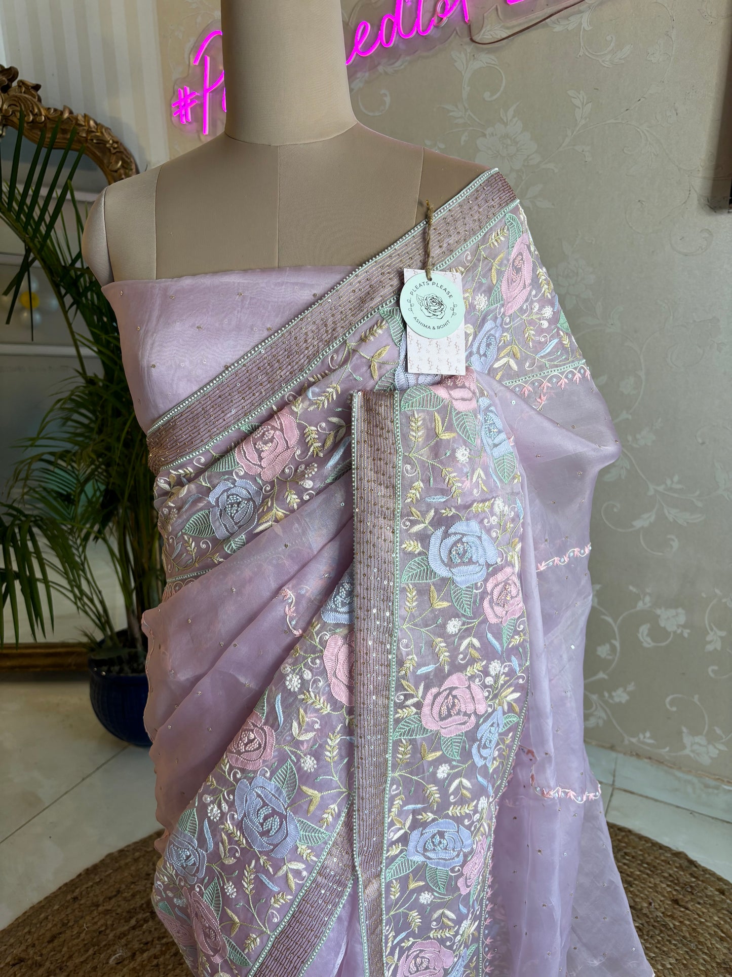 Lilac Organza Chikankari Saree