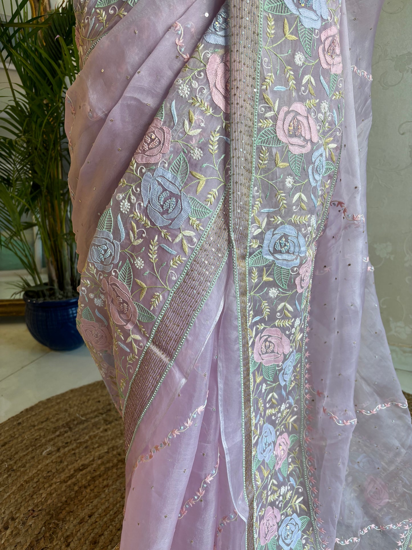 Lilac Organza Chikankari Saree