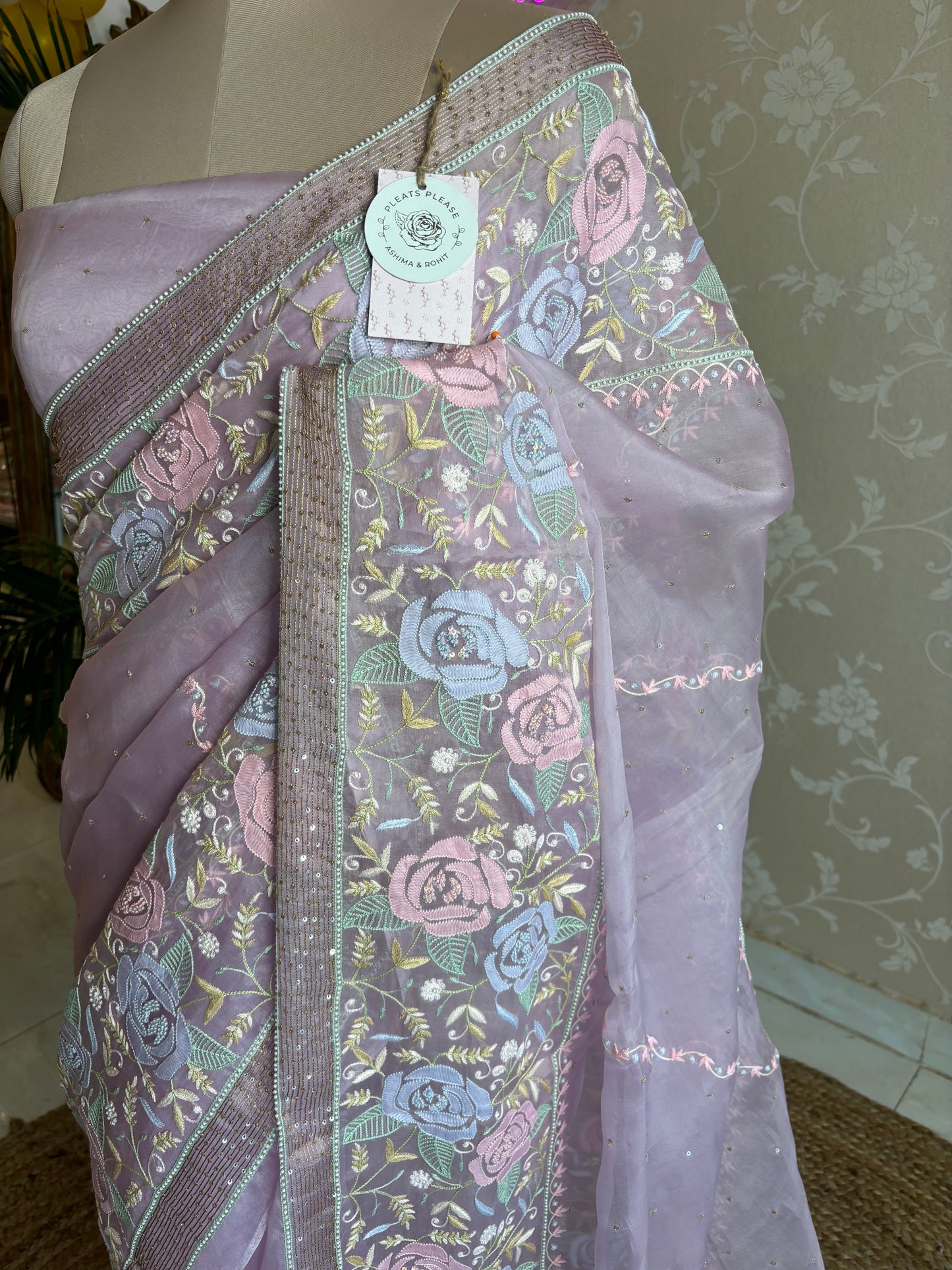 Lilac Organza Chikankari Saree