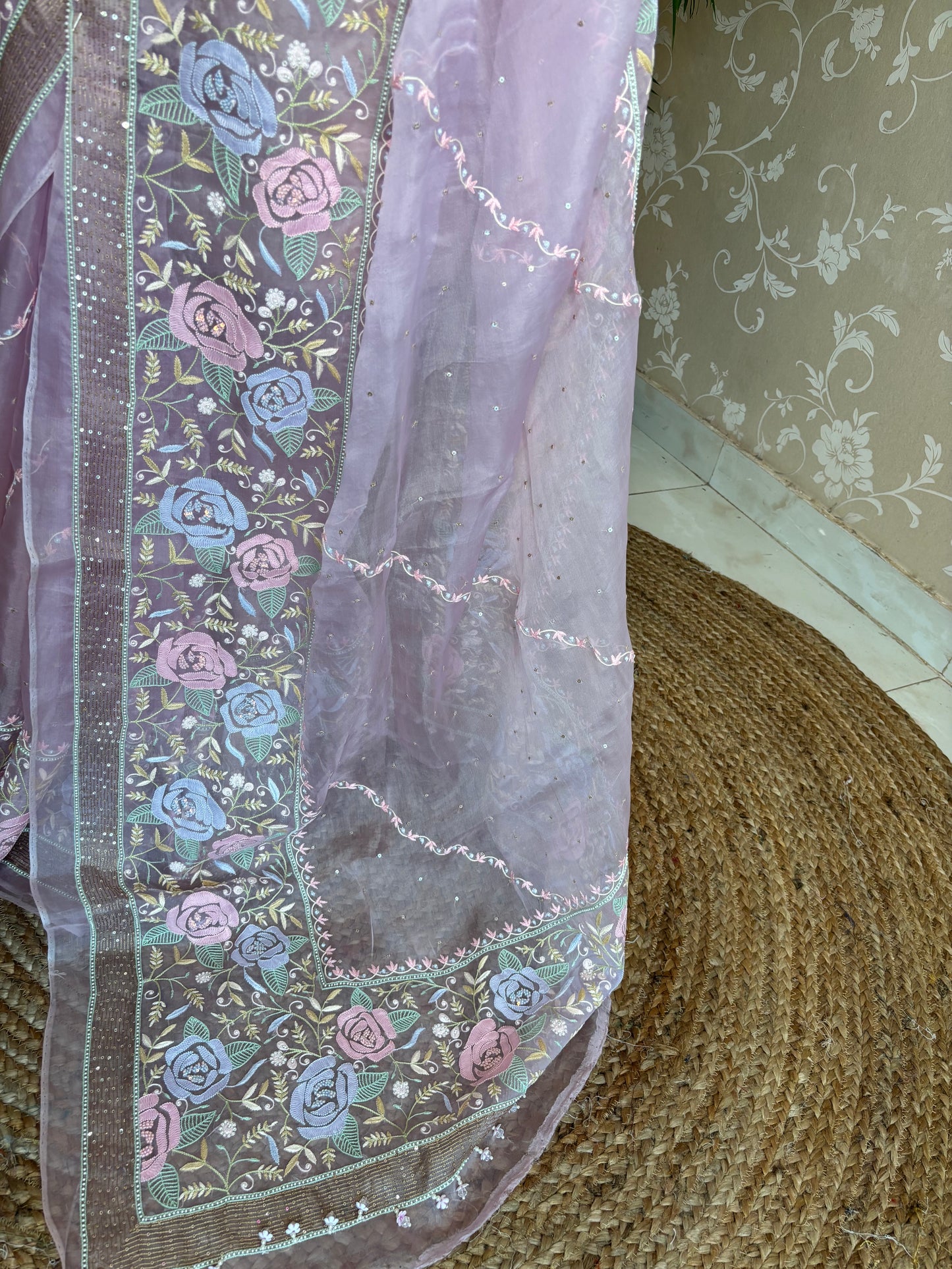 Lilac Organza Chikankari Saree