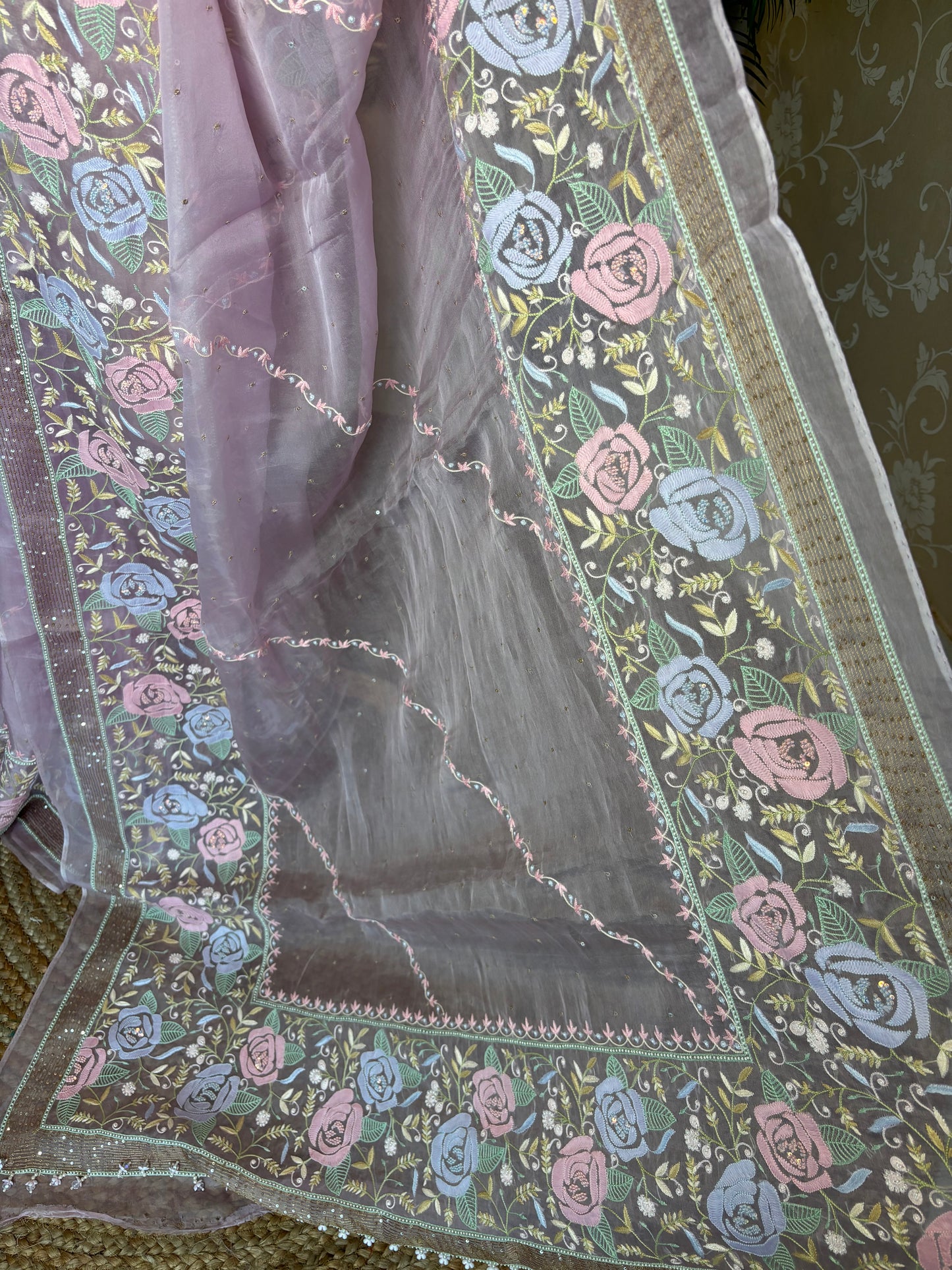 Lilac Organza Chikankari Saree