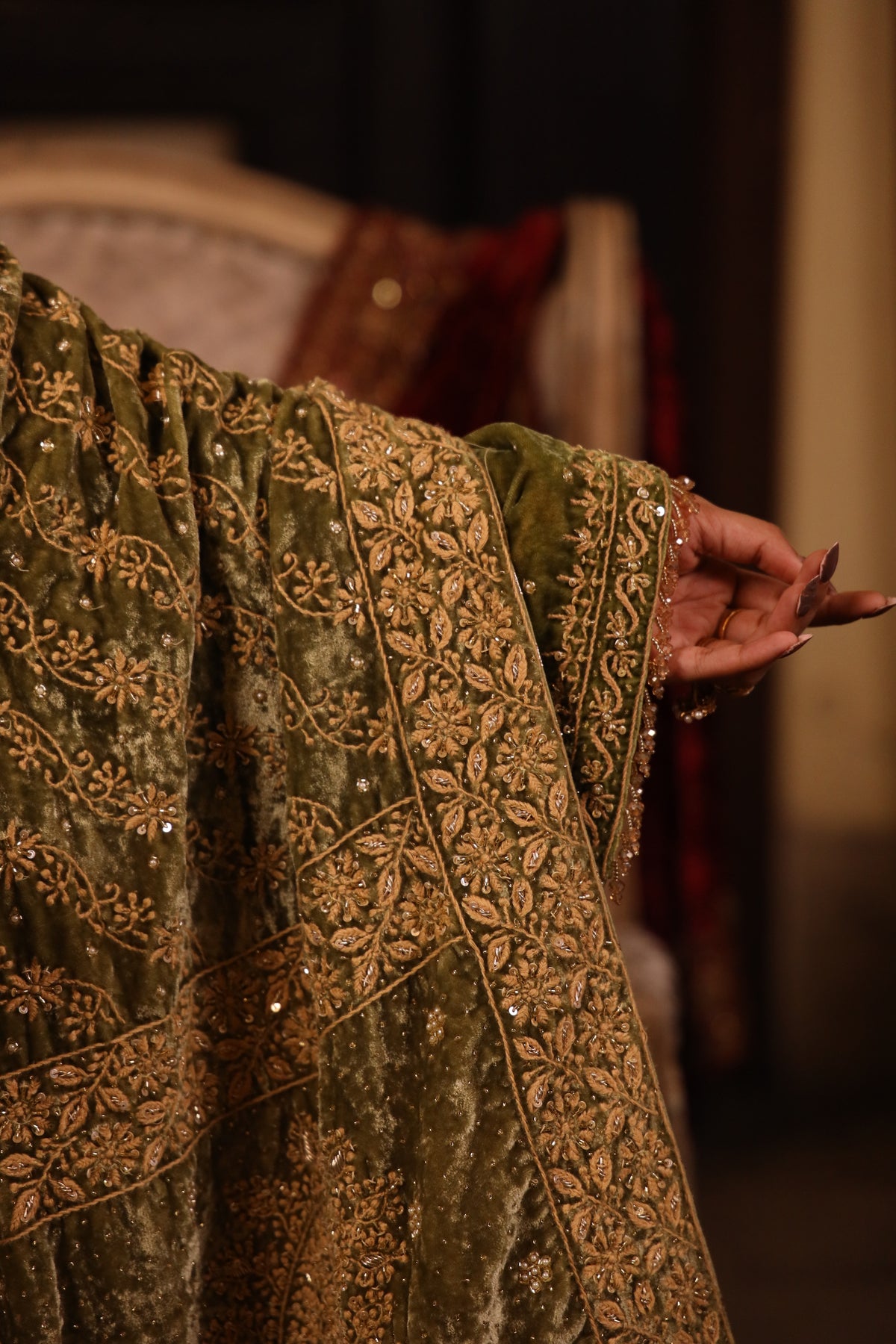 Green Pure Velvet Chikankari Shawl