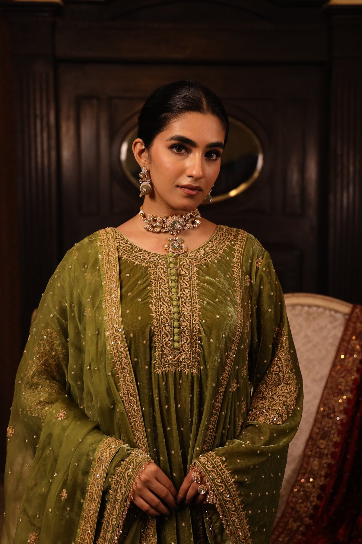 Green Pure & Premium Velvet Chikankari Kurta set
