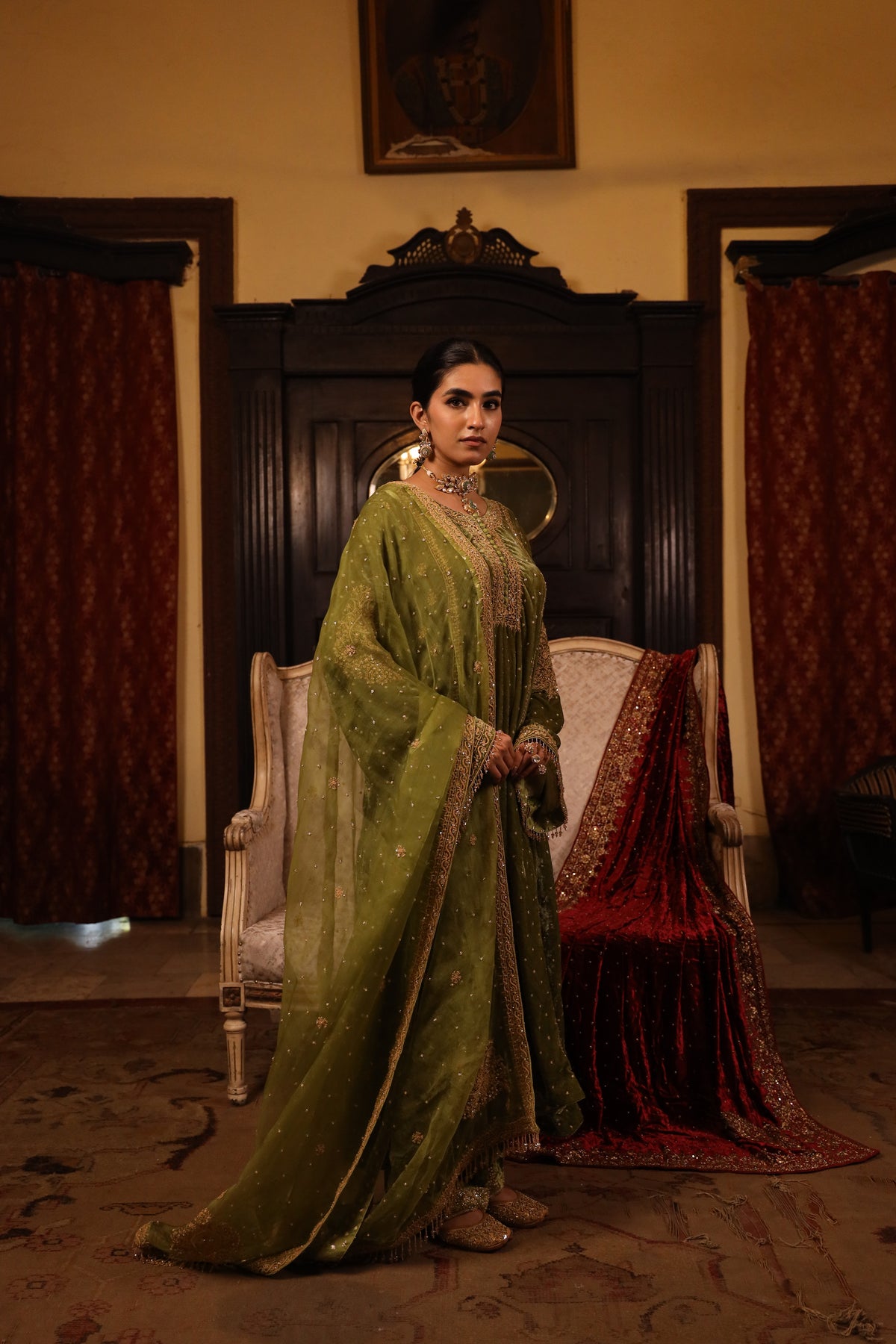 Green Pure & Premium Velvet Chikankari Kurta set