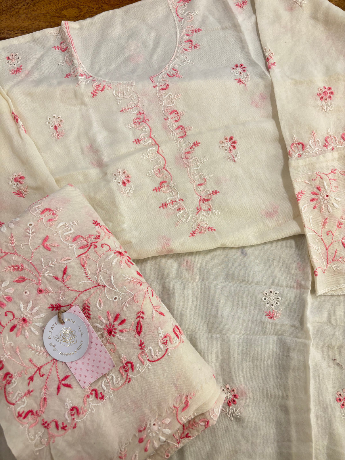 Ivory Pashmina Winter Fine Chikankari Kurta & Shawl