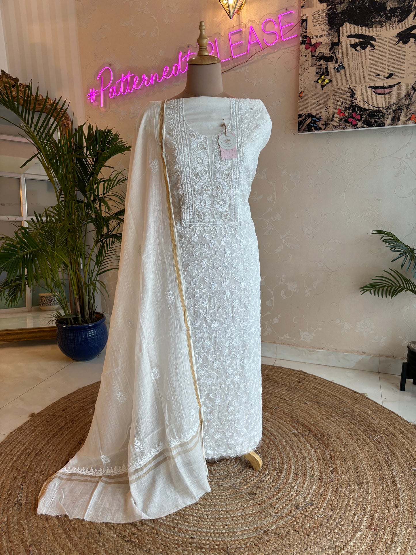 Dyeable Chanderi Mul Chikankari Kurta and Dupatta fabric