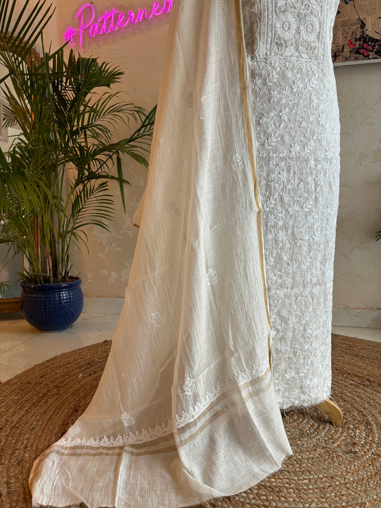 Dyeable Chanderi Mul Chikankari Kurta and Dupatta fabric