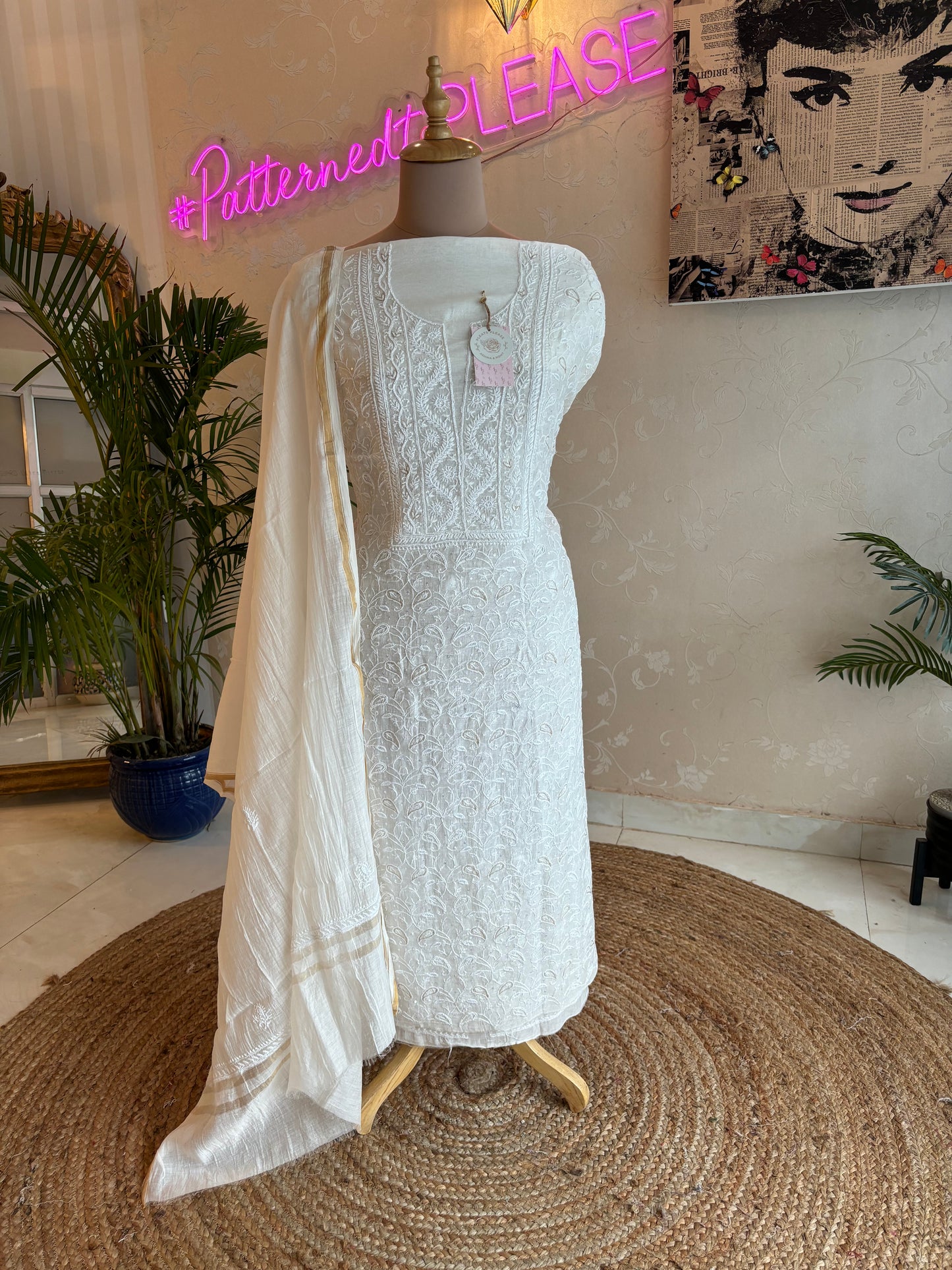 Dyeable Chanderi Mul Chikankari Kurta and Dupatta fabric