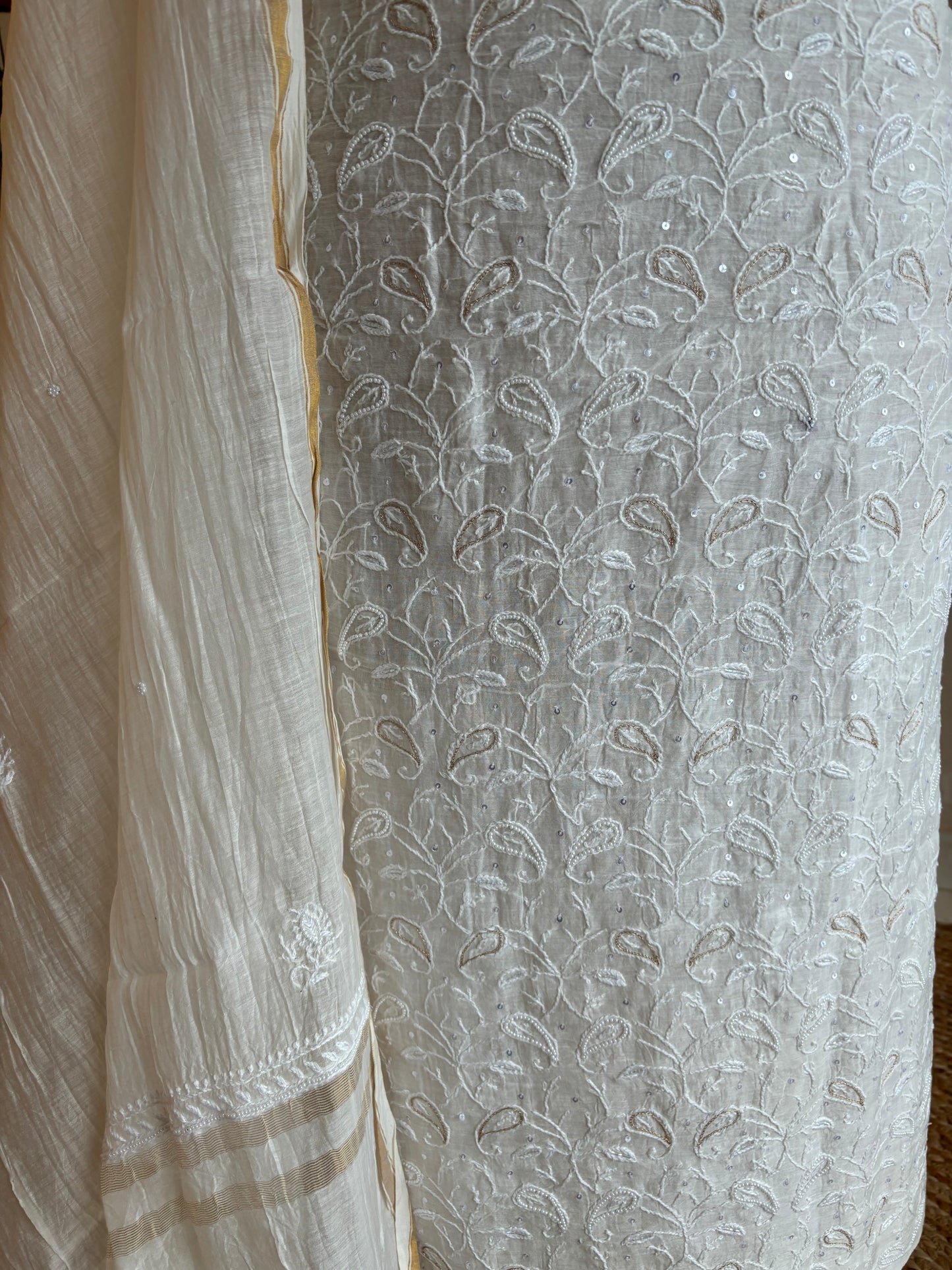 Dyeable Chanderi Mul Chikankari Kurta and Dupatta fabric