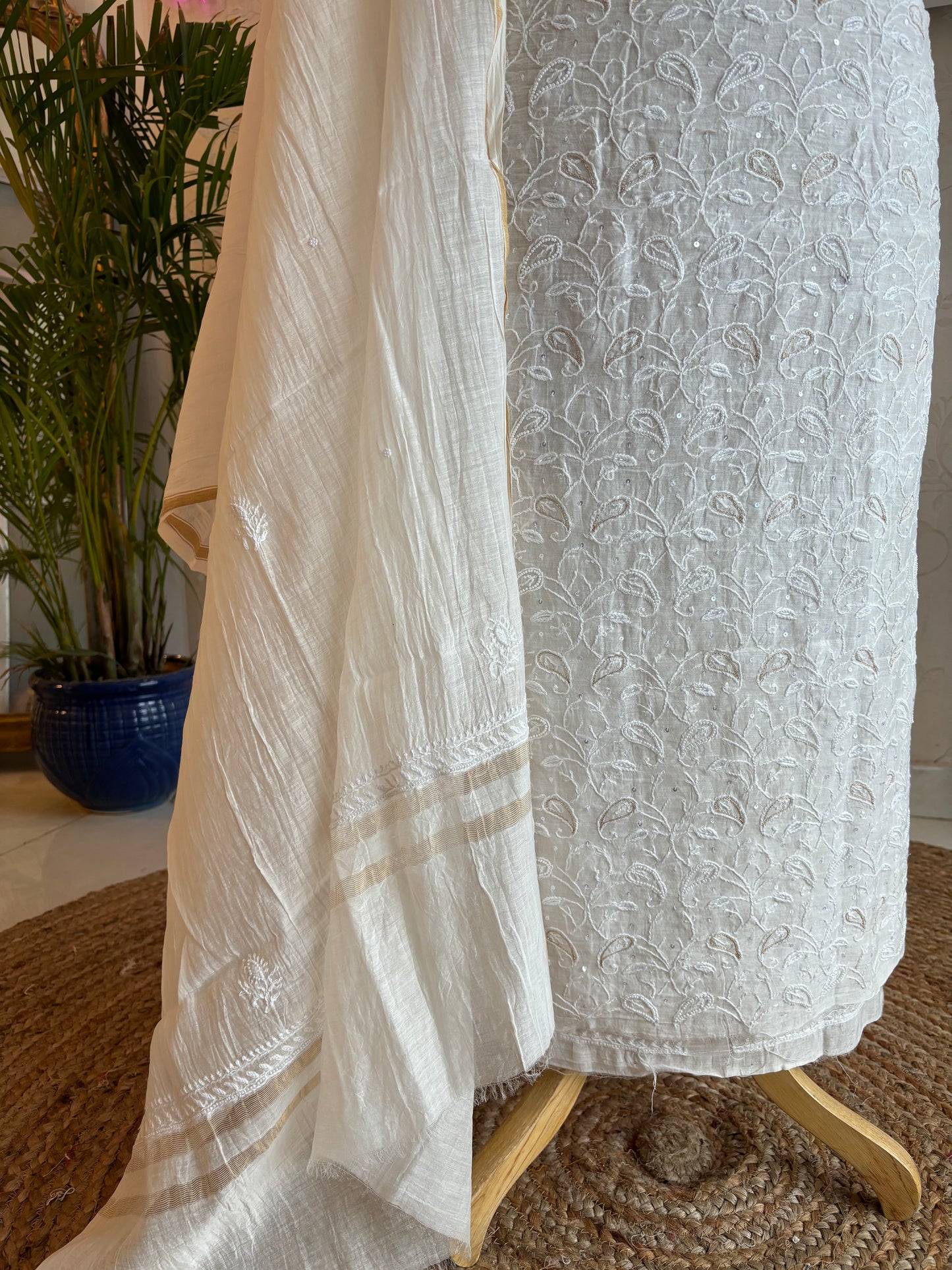 Dyeable Chanderi Mul Chikankari Kurta and Dupatta fabric