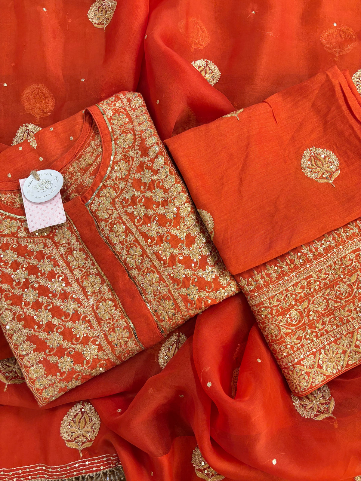 Burnt Orange Monga Silk Chikankari Kurta, Bottom & Organza Dupatta