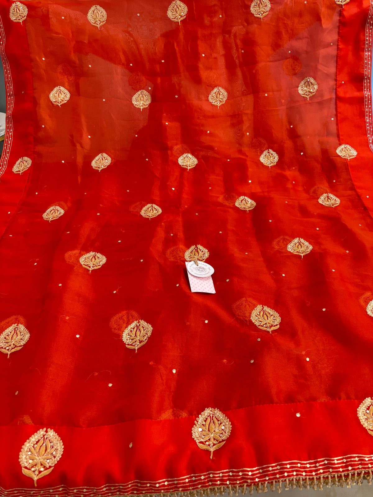 Burnt Orange Monga Silk Chikankari Kurta, Bottom & Organza Dupatta