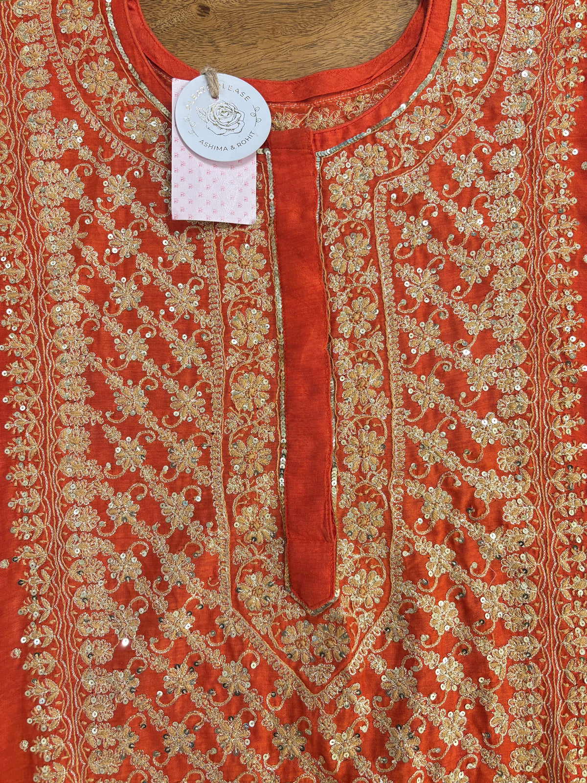 Burnt Orange Monga Silk Chikankari Kurta, Bottom & Organza Dupatta