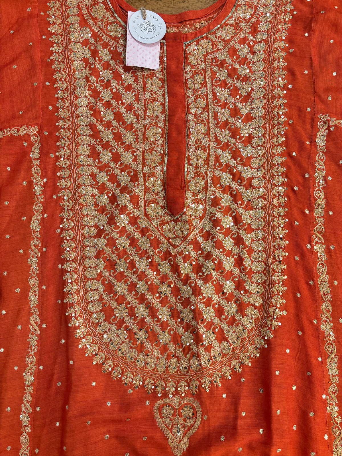 Burnt Orange Monga Silk Chikankari Kurta, Bottom & Organza Dupatta
