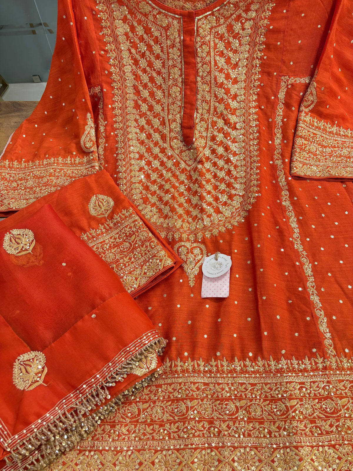 Burnt Orange Monga Silk Chikankari Kurta, Bottom & Organza Dupatta