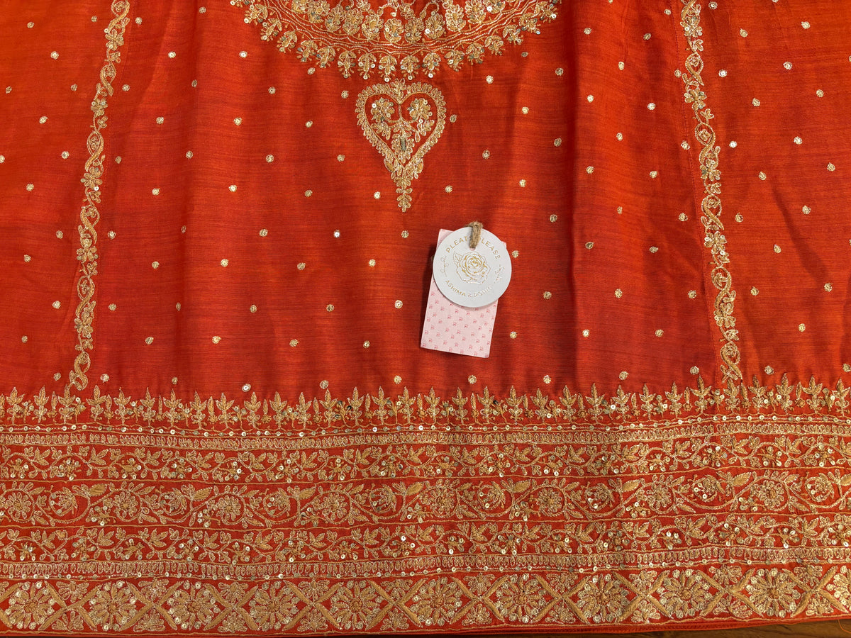Burnt Orange Monga Silk Chikankari Kurta, Bottom & Organza Dupatta
