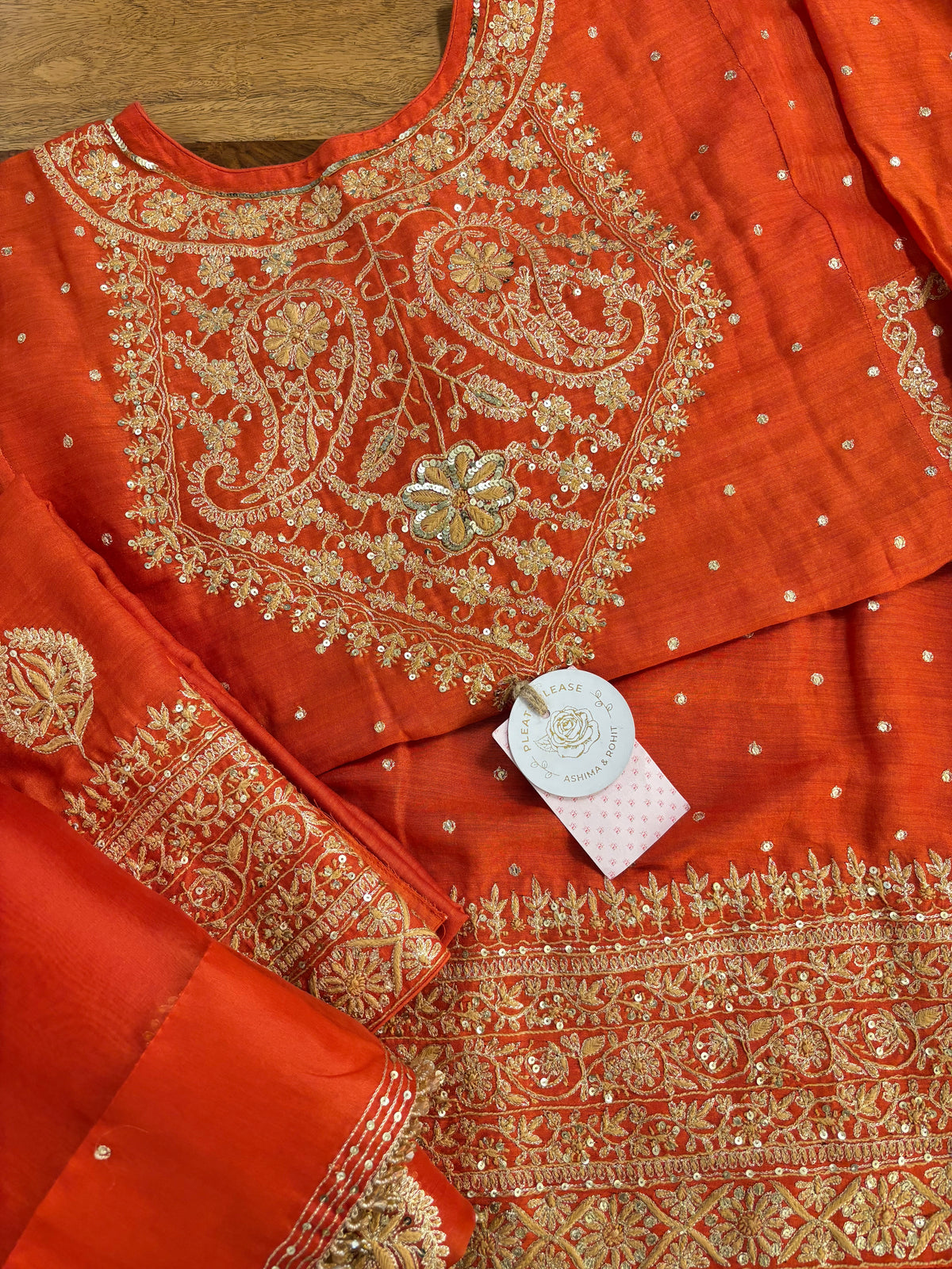 Burnt Orange Monga Silk Chikankari Kurta, Bottom & Organza Dupatta