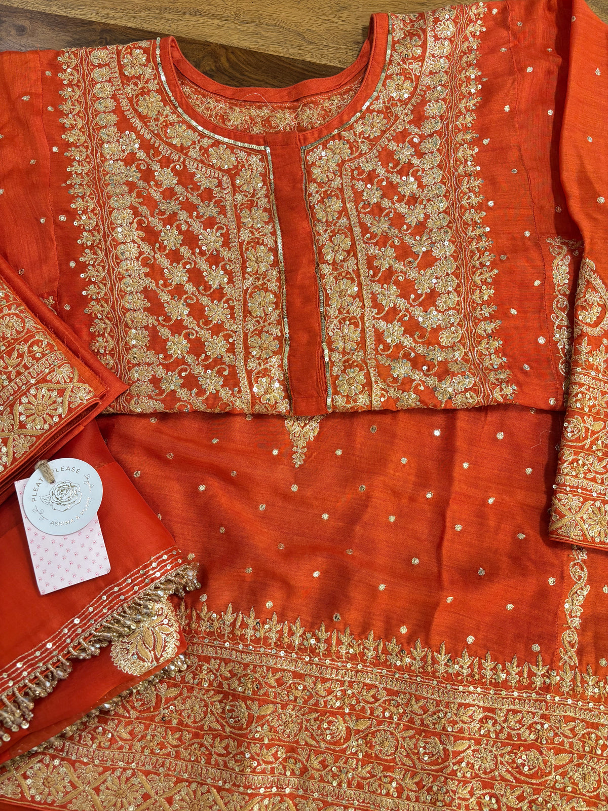 Burnt Orange Monga Silk Chikankari Kurta, Bottom & Organza Dupatta
