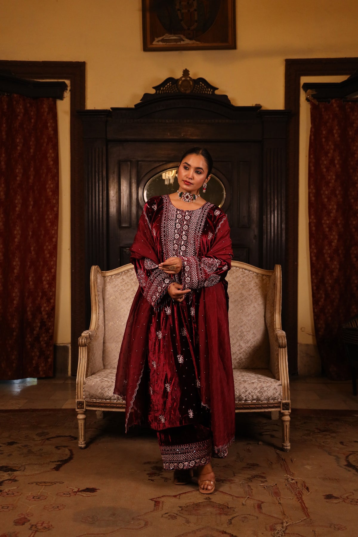 Wine Pure & Premium Velvet Chikankari Kurta Set