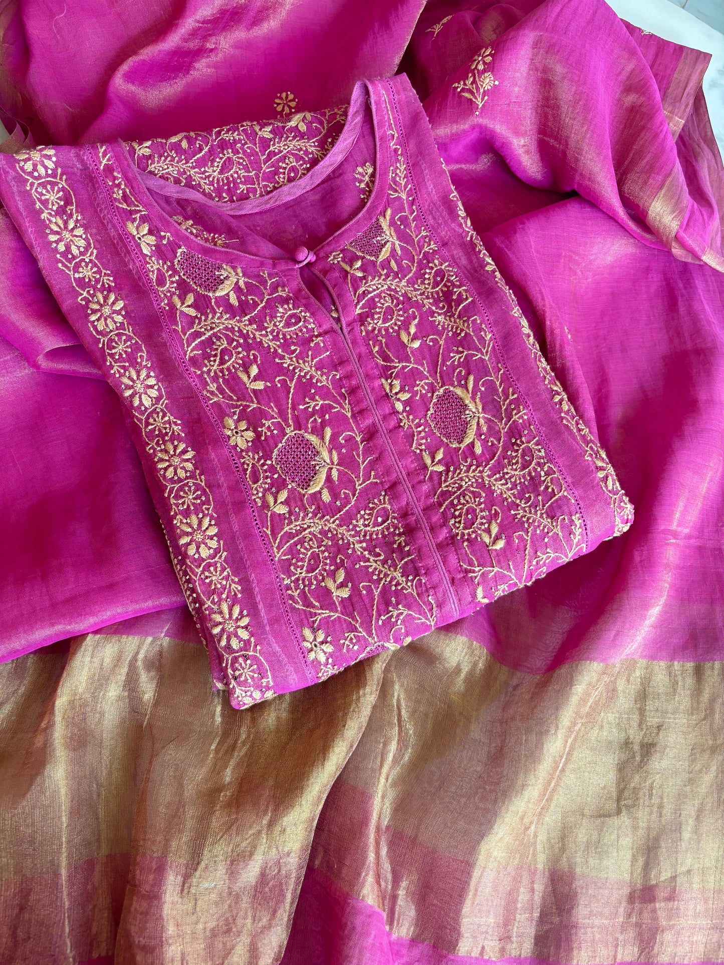 Rani Pink Pure Tissue Chikankari Anarkali and Dupatta