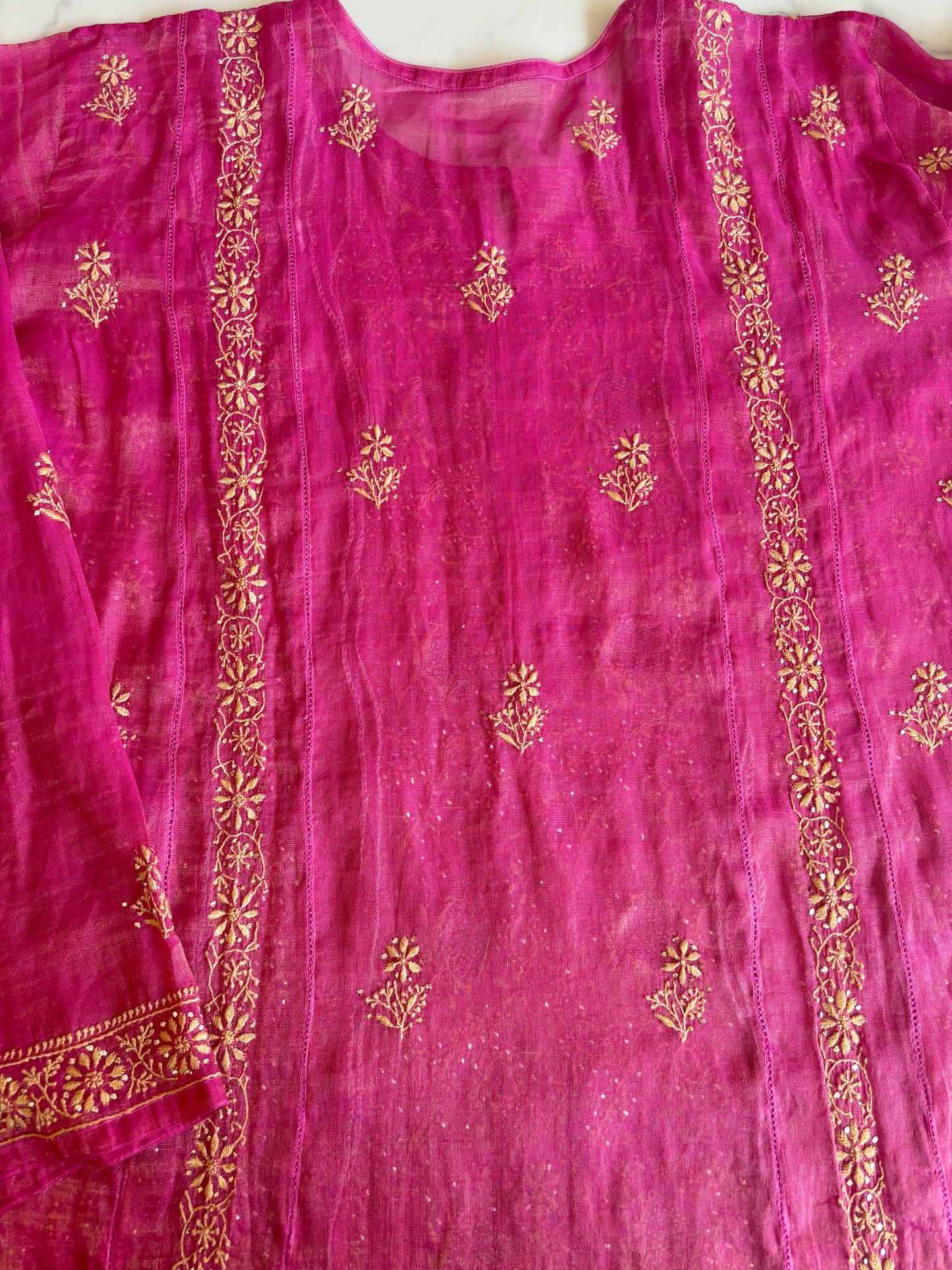 Rani Pink Pure Tissue Chikankari Anarkali and Dupatta