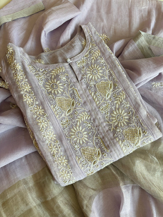 Lilac Pure Tissue Chikankari Kurta and Dupatta