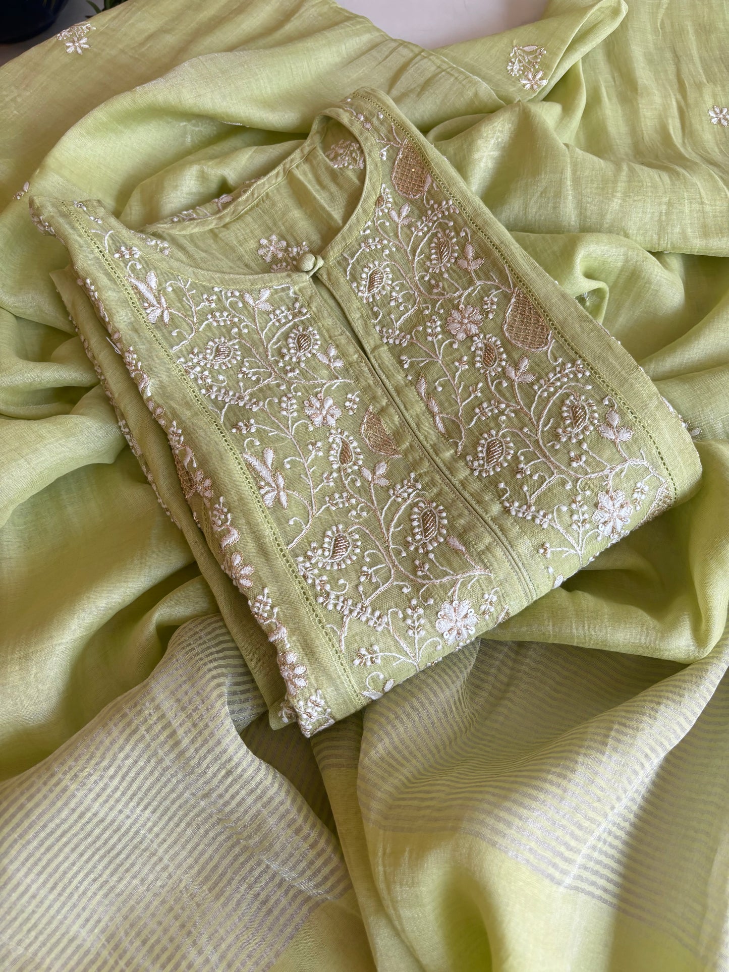 Lime Green Pure Tissue Chikankari Kurta and Dupatta