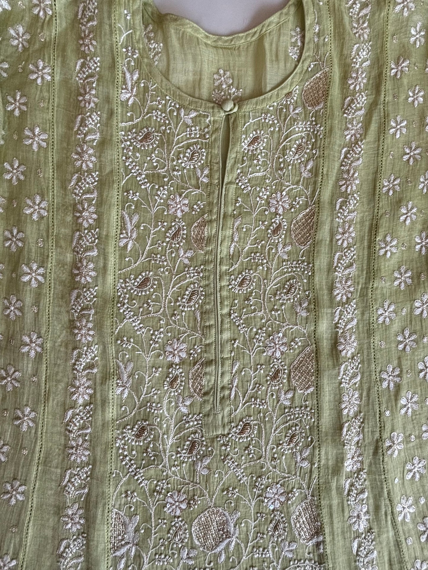 Lime Green Pure Tissue Chikankari Kurta and Dupatta