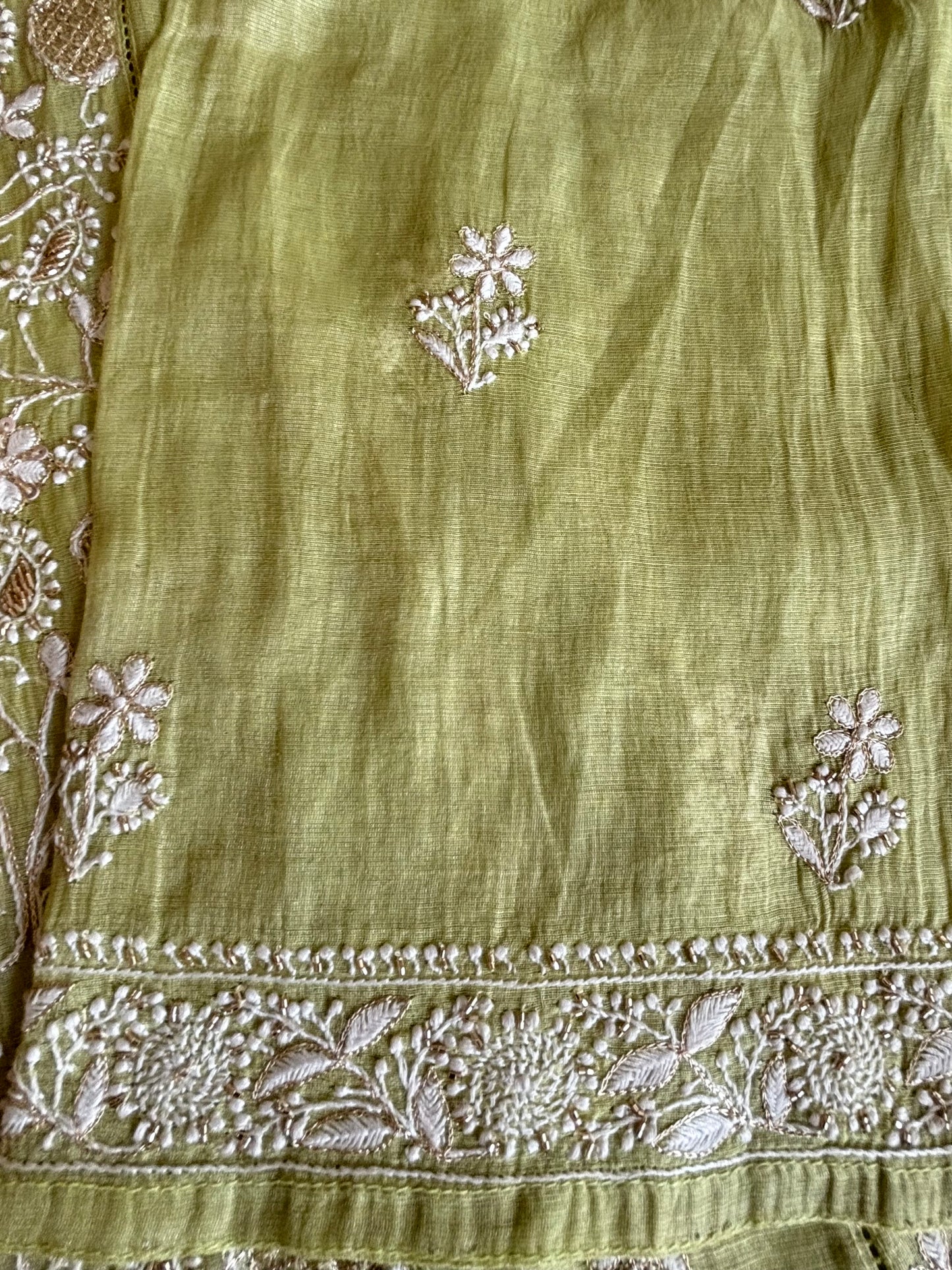 Lime Green Pure Tissue Chikankari Kurta and Dupatta