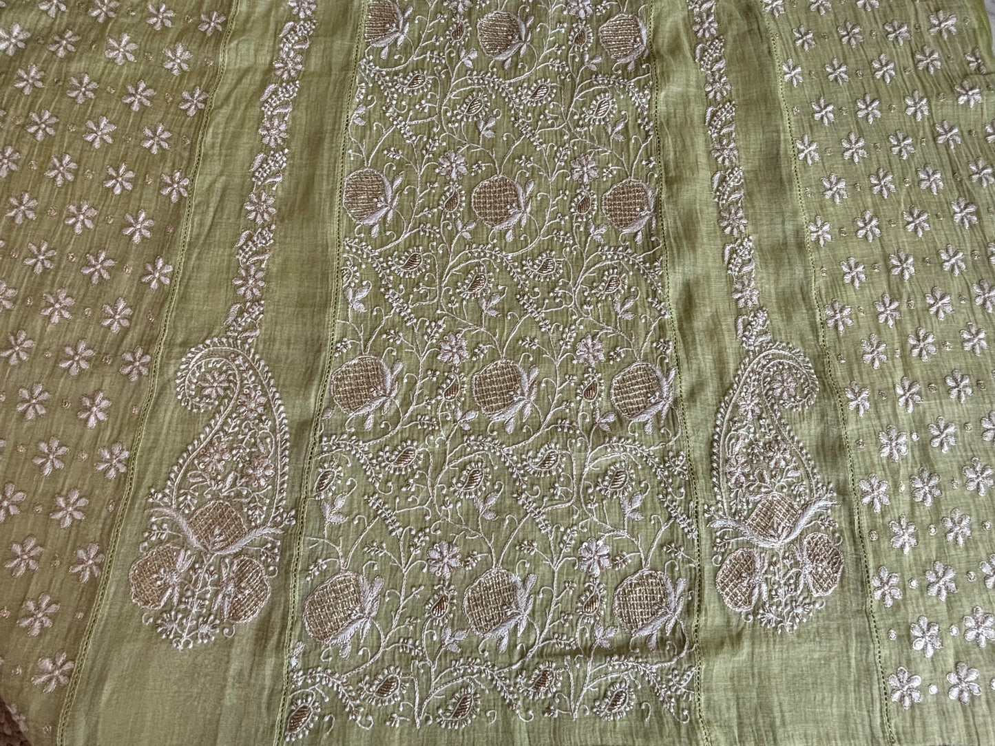 Lime Green Pure Tissue Chikankari Kurta and Dupatta