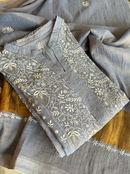 Violet Pure Tissue Chikankari Anarkali Kurta and Dupatta