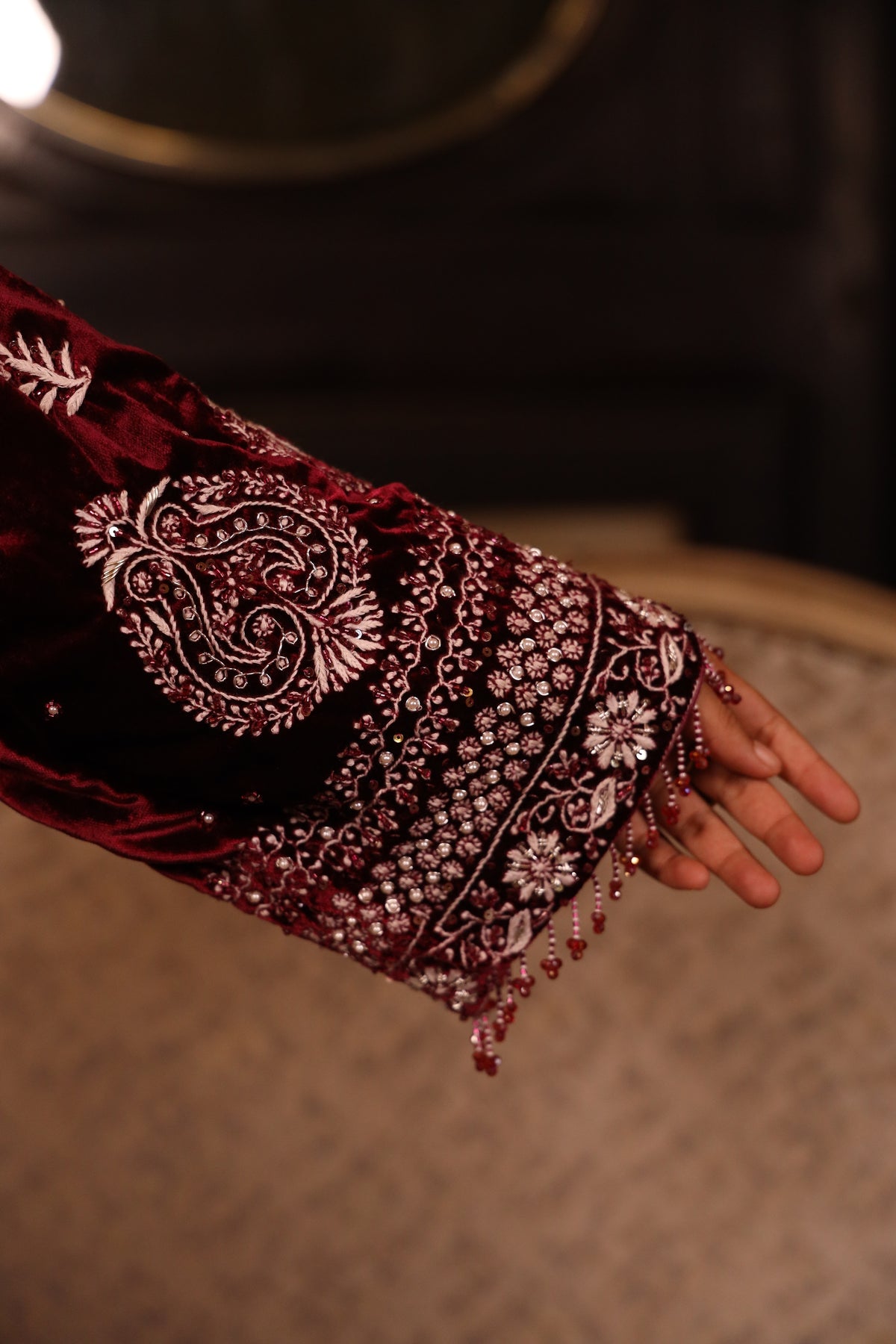 Wine Pure & Premium Velvet Chikankari Kurta Set