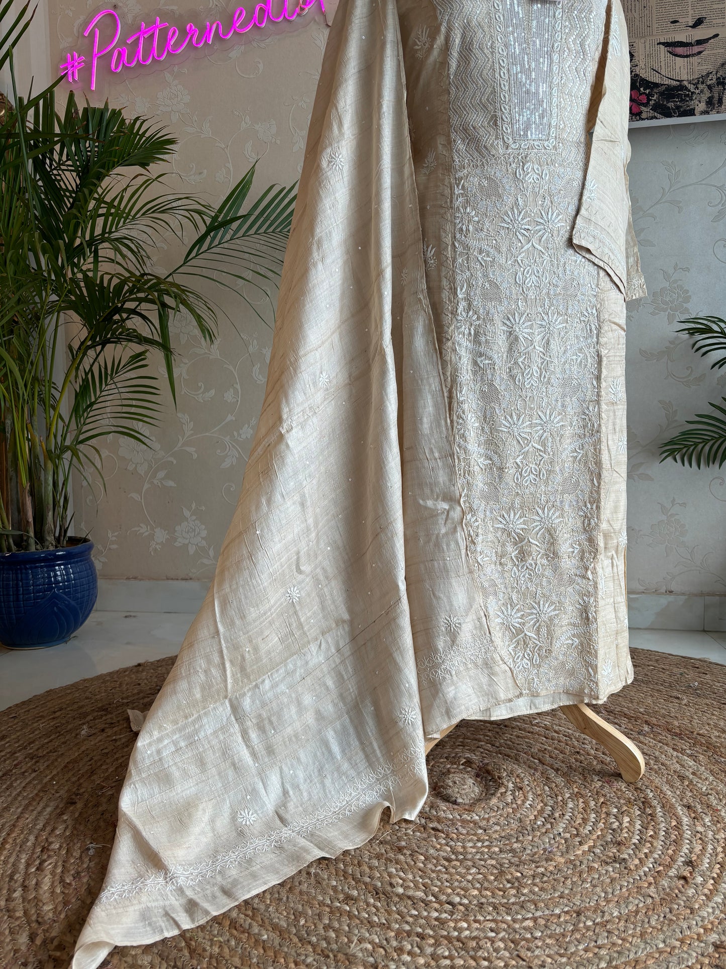 Dyeable Natural Silk Chikankari Kurta and Dupatta