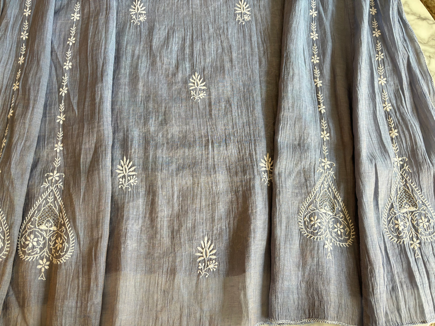 Violet Pure Tissue Chikankari Anarkali Kurta and Dupatta