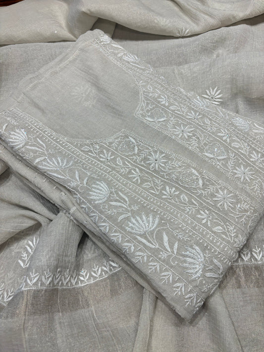 Dyeable Silver Pure Tissue Chikankari Kurta and Dupatta