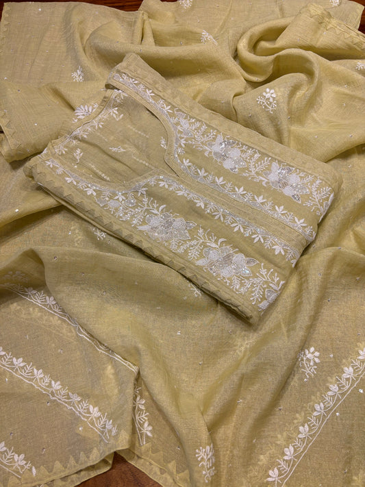 Lime Yellow Pure Tissue Chikankari Kurta and Dupatta