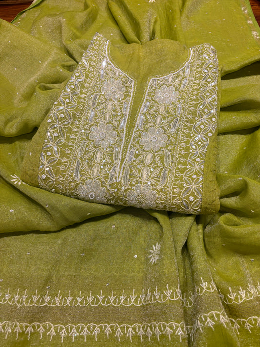 Olive Green Pure Tissue Chikankari Kurta and Dupatta