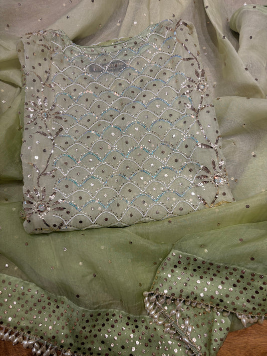 Green Ombre Organza Silk Badla Kurta and Dupatta