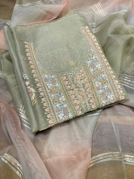 Olive Green Organza Silk Chikankari Kurta and Dupatta Fabric