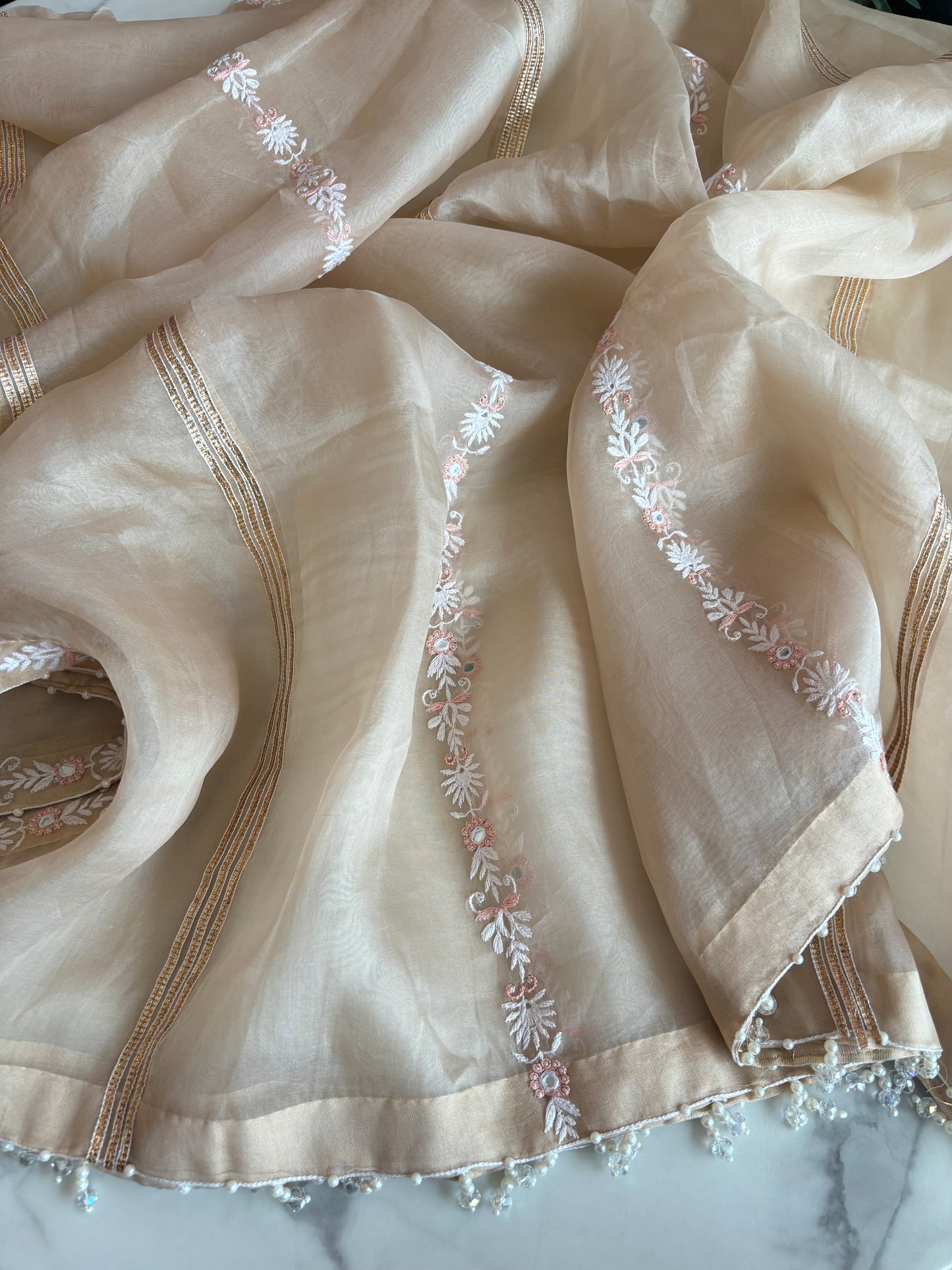 Hazelnut Organza Chikankari Kurta and Dupatta Fabric