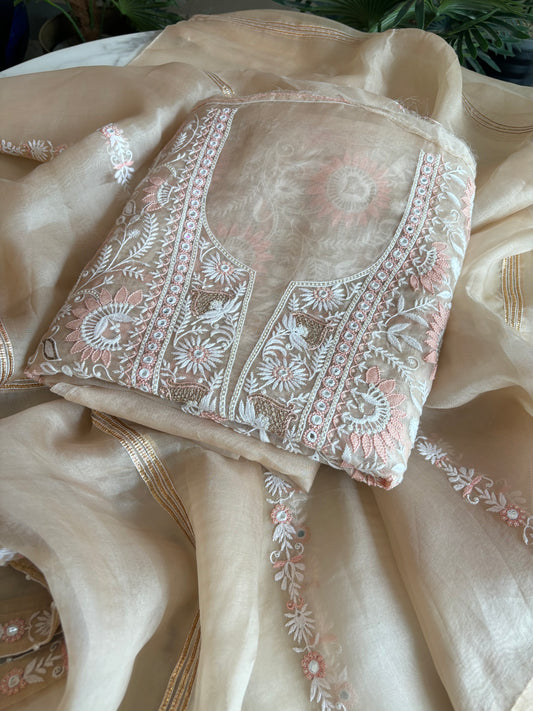 Hazelnut Organza Chikankari Kurta and Dupatta Fabric